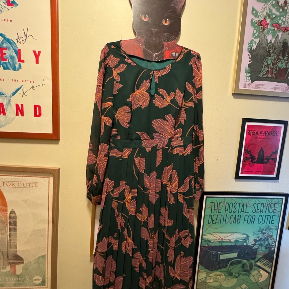 Modcloth Green and Pink Floral Long Sleeve Dress